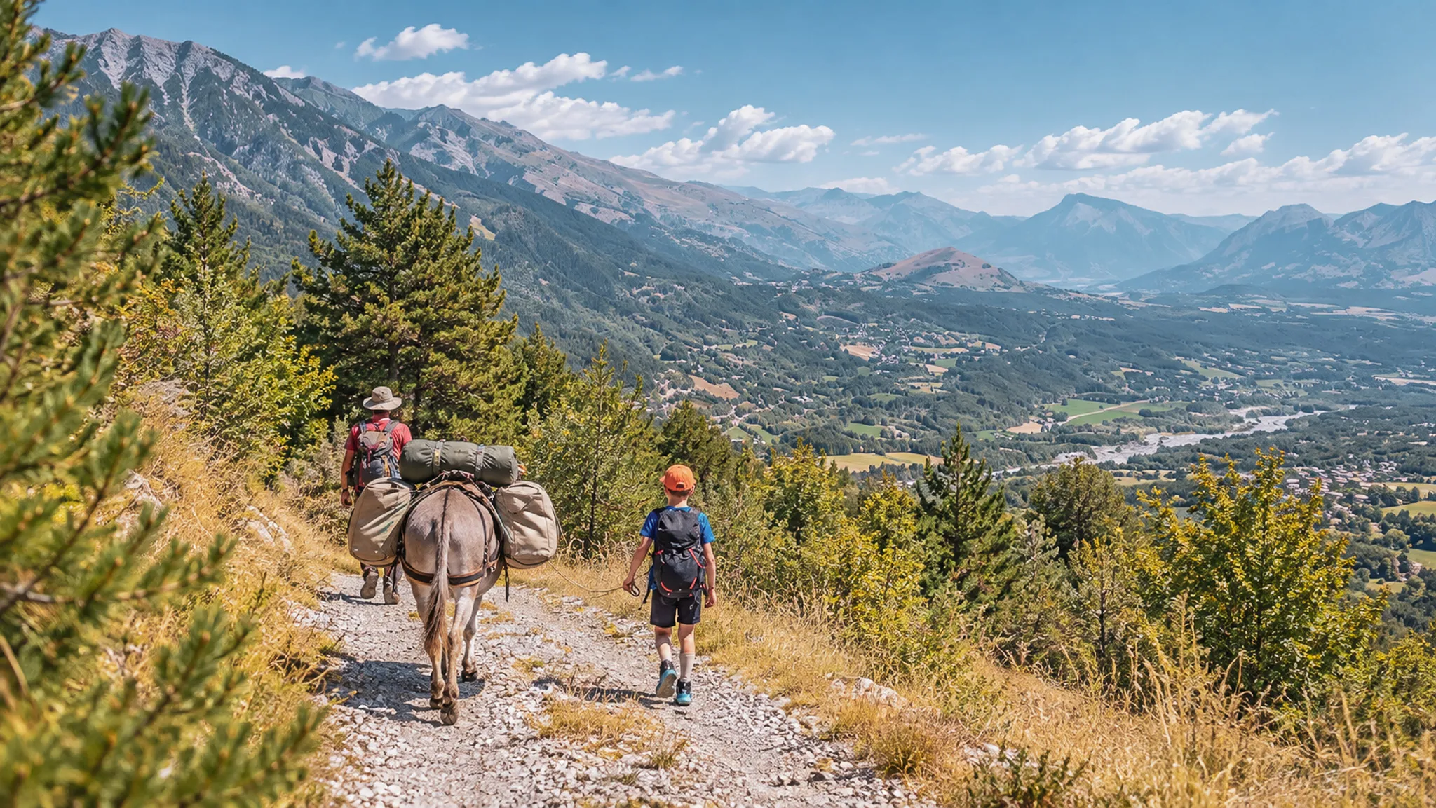 Randonnée paisible avec un âne dans les Écrins, paysages alpins à couper le souffle.