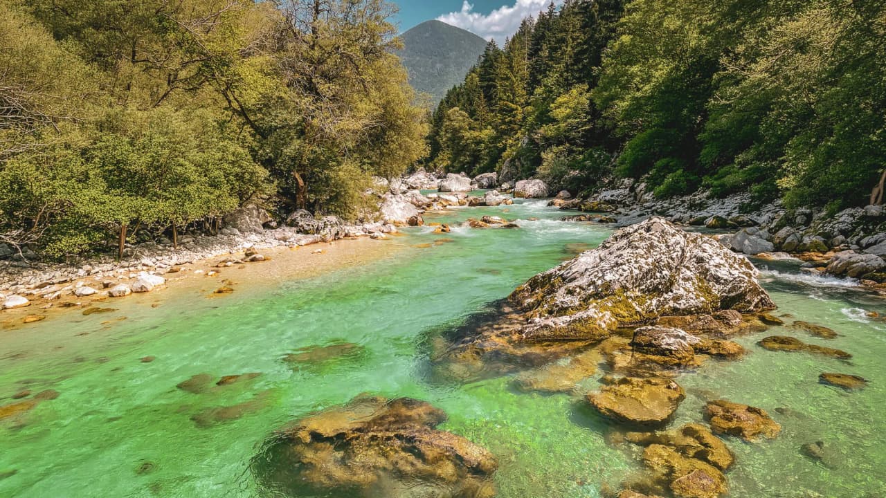 A river with crystal-clear waters, surrounded by lush greenery and rocky outcrops in Slovenia.