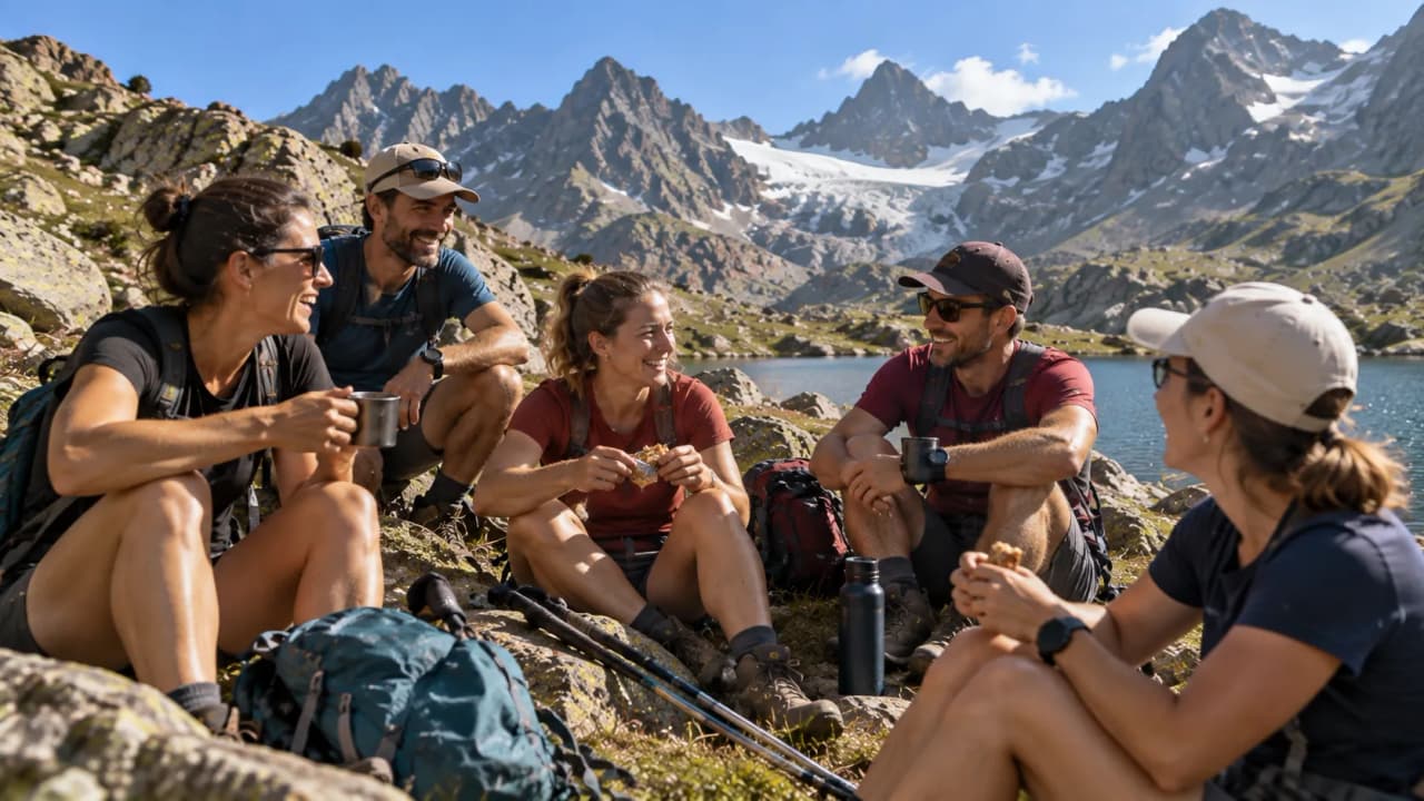 A group of friends out in the countryside, enjoying a cosy get-together by a mountain lake.