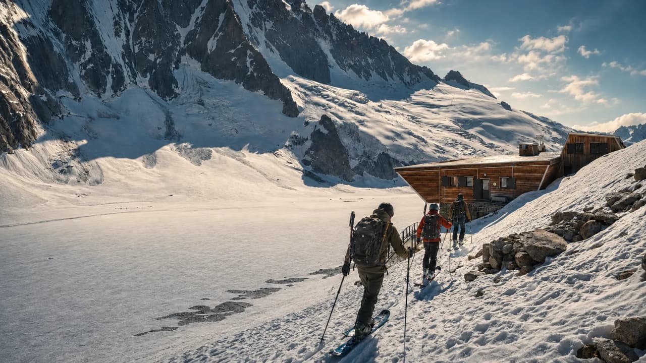 Alpine exploration: hikers making their way to a picturesque Mountain hut beneath the snow-capped peaks.