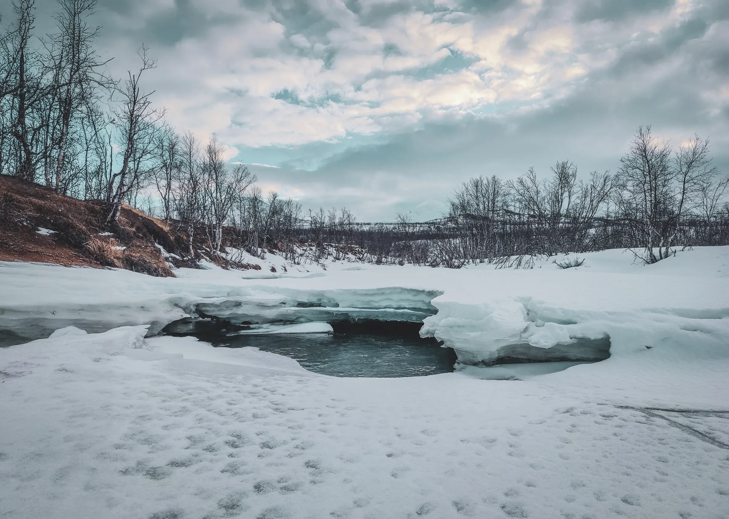 Un paysage d'hiver captivant, avec des collines de neige, des arbres dénudés et un ruisseau partiellement gelé.