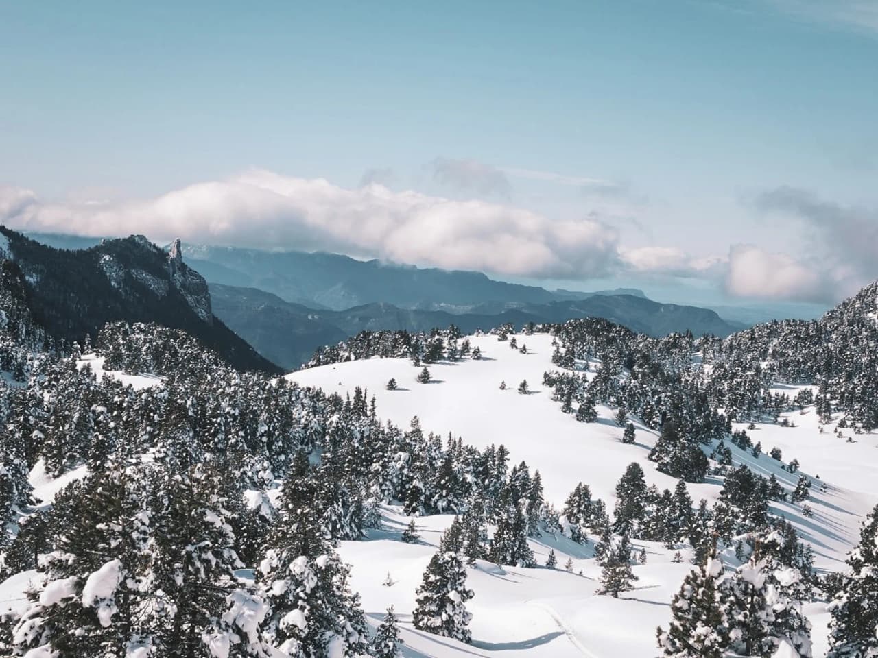 Besneeuwd landschap van de Vercors, met majestueuze bergen en dennenbossen.