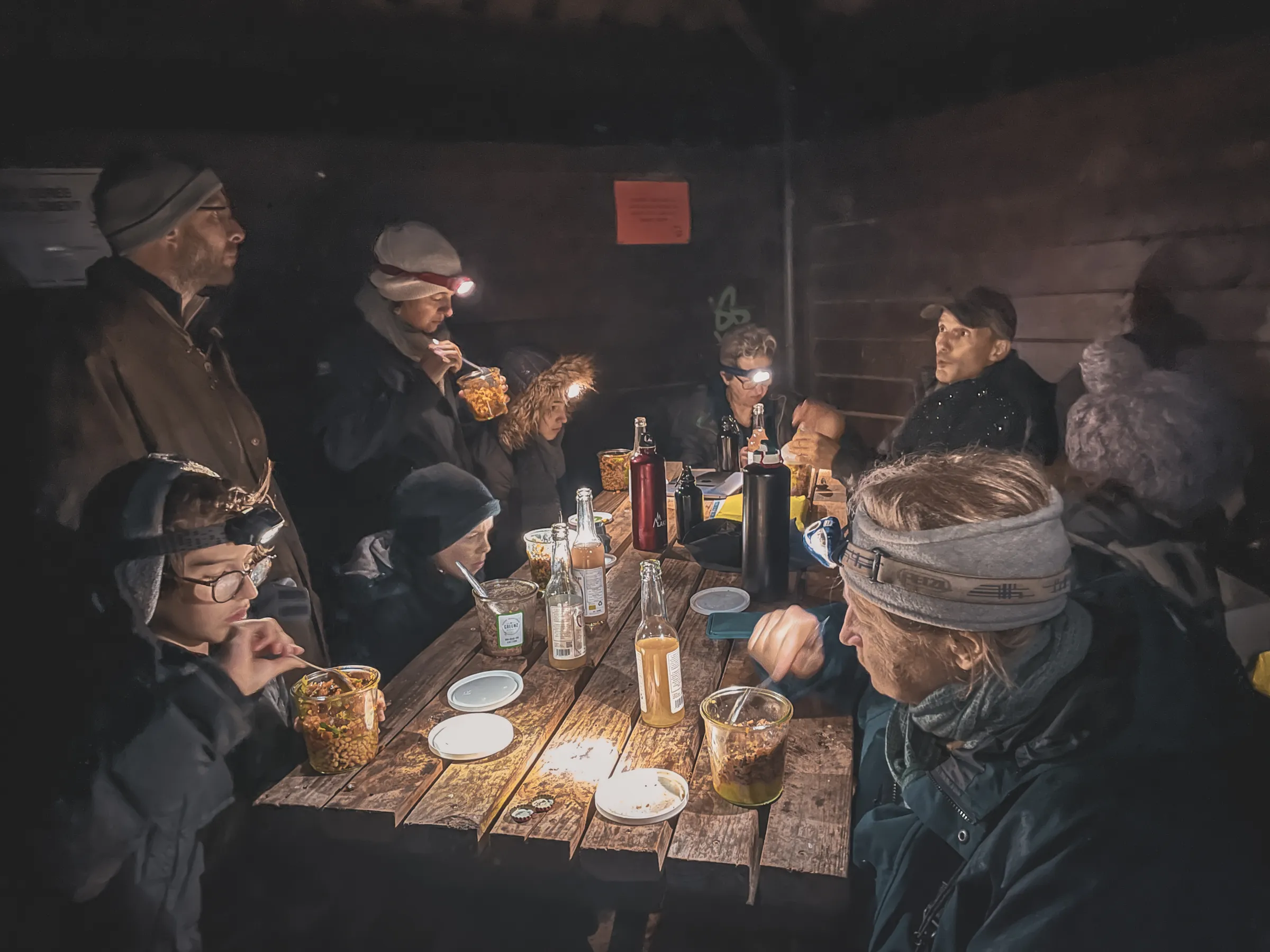 Groupe de personnes partageant un repas convivial en forêt, préparant l'écoute du brame du cerf.