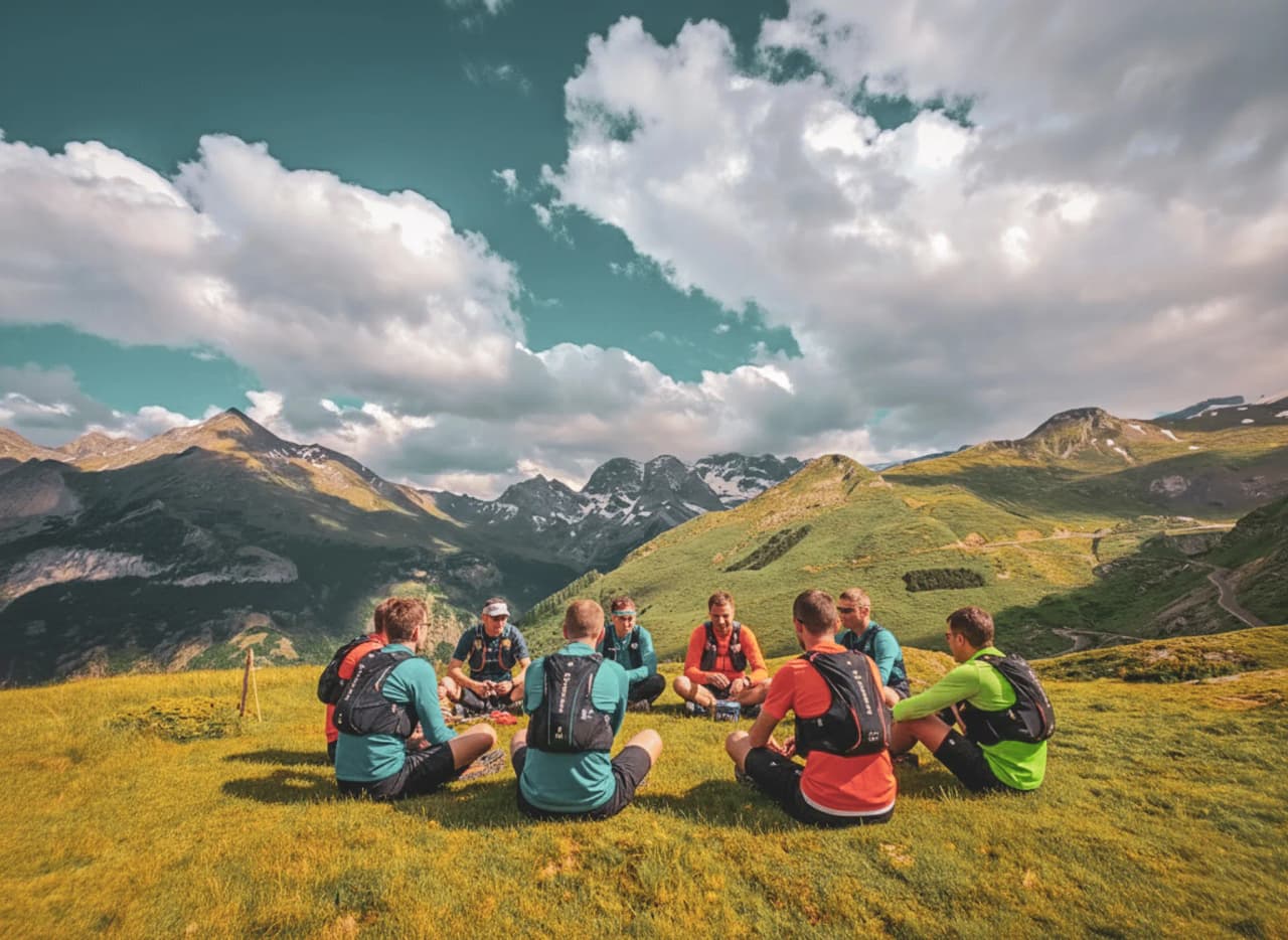 Groupe de marcheurs en pleine nature, entourés de montagnes, partageant un moment convivial.