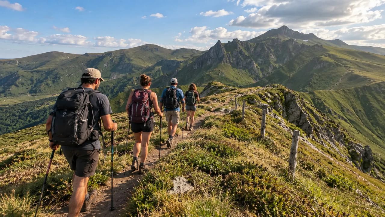 Randonnée dans le Massif Central, avec des randonneurs sur un sentier verdoyant sous le ciel bleu.