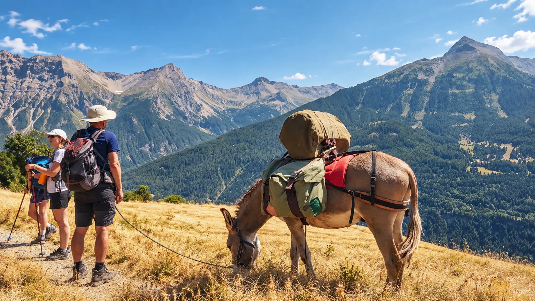 Randonnée dans les Écrins, deux randonneurs admirent un âne chargé devant des montagnes majestueuses.