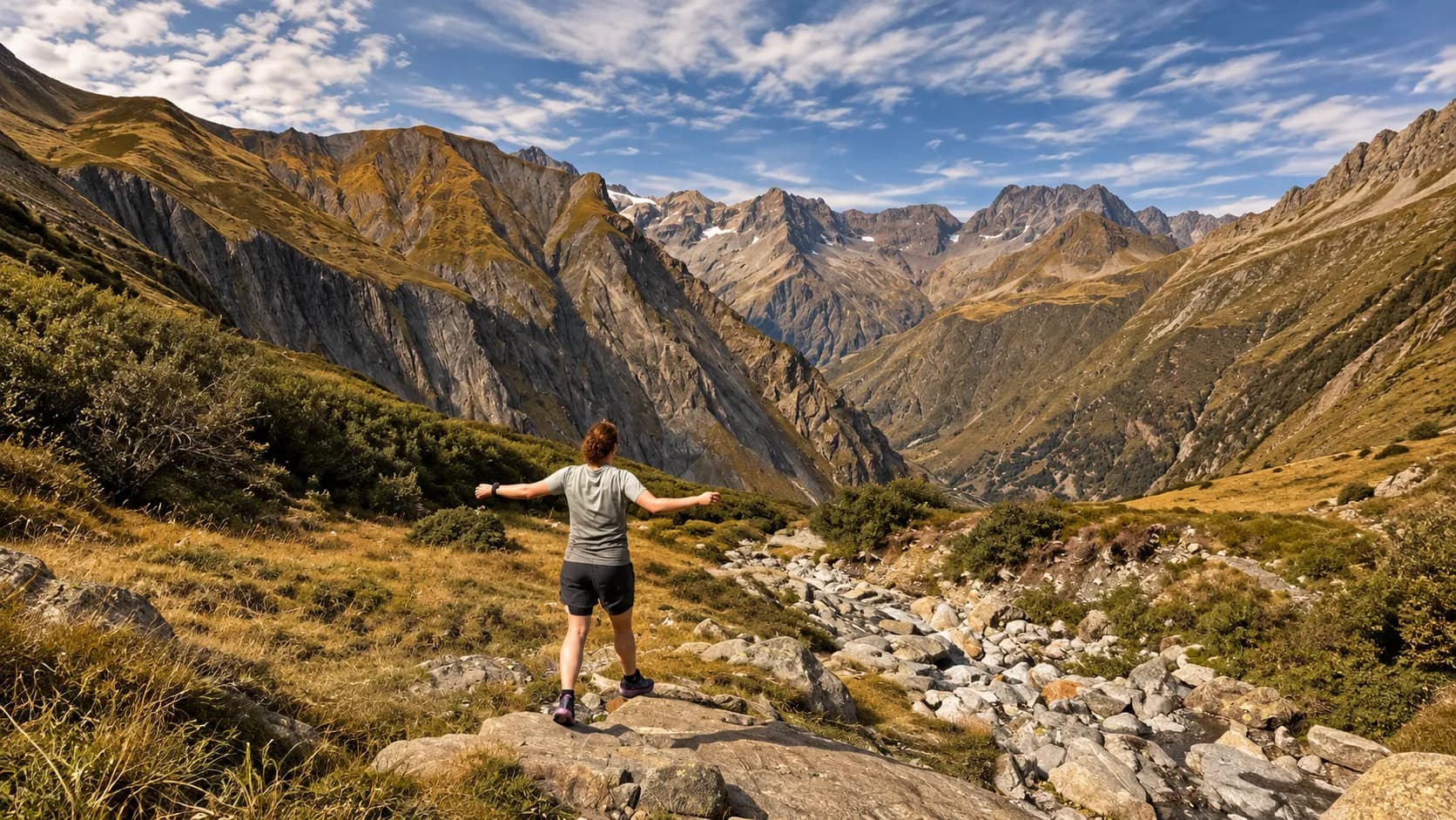 Femme en randonnée dans les Écrins, entourée de montagnes majestueuses et d'une nature sauvage.