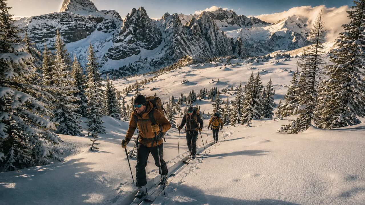 A group of hikers skiing through a snow-covered mountain landscape, beneath a bright and magnificent sky.