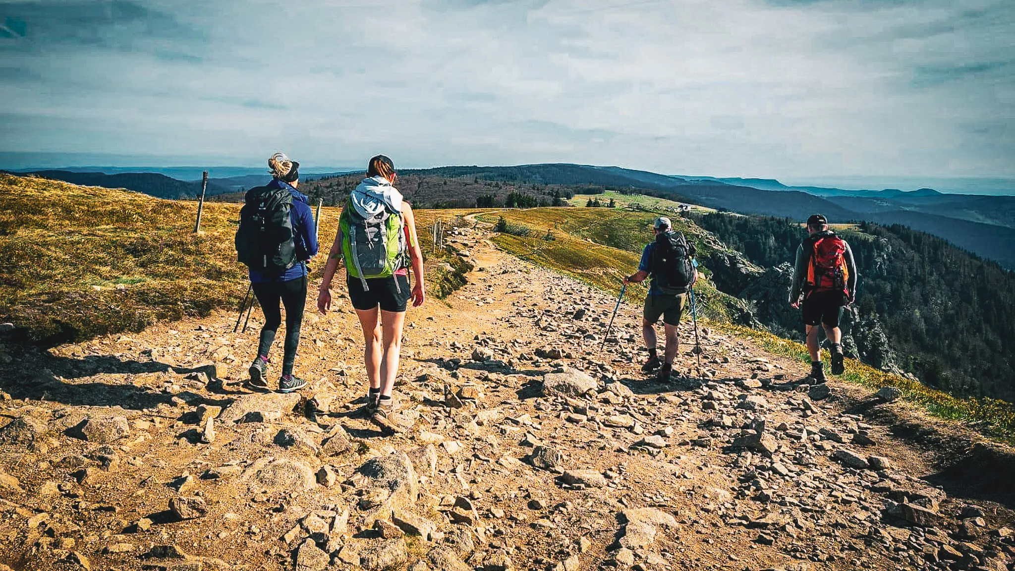 Groupe de randonneurs sur un sentier montagneux des Vosges, avec des paysages à couper le souffle.
