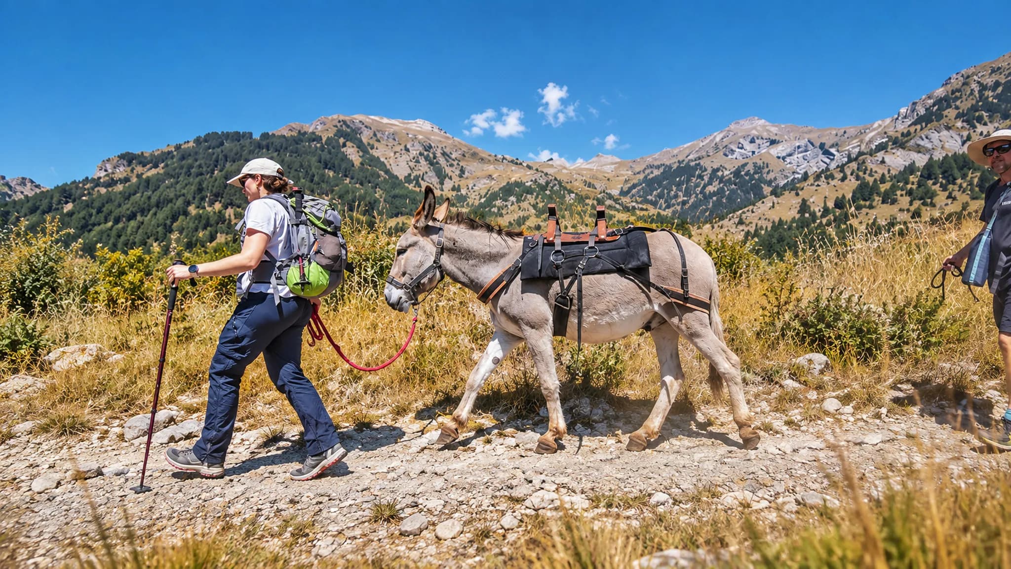 Randonnée pittoresque avec un âne dans les montagnes ensoleillées des Écrins. Aventure nature et sérénité.