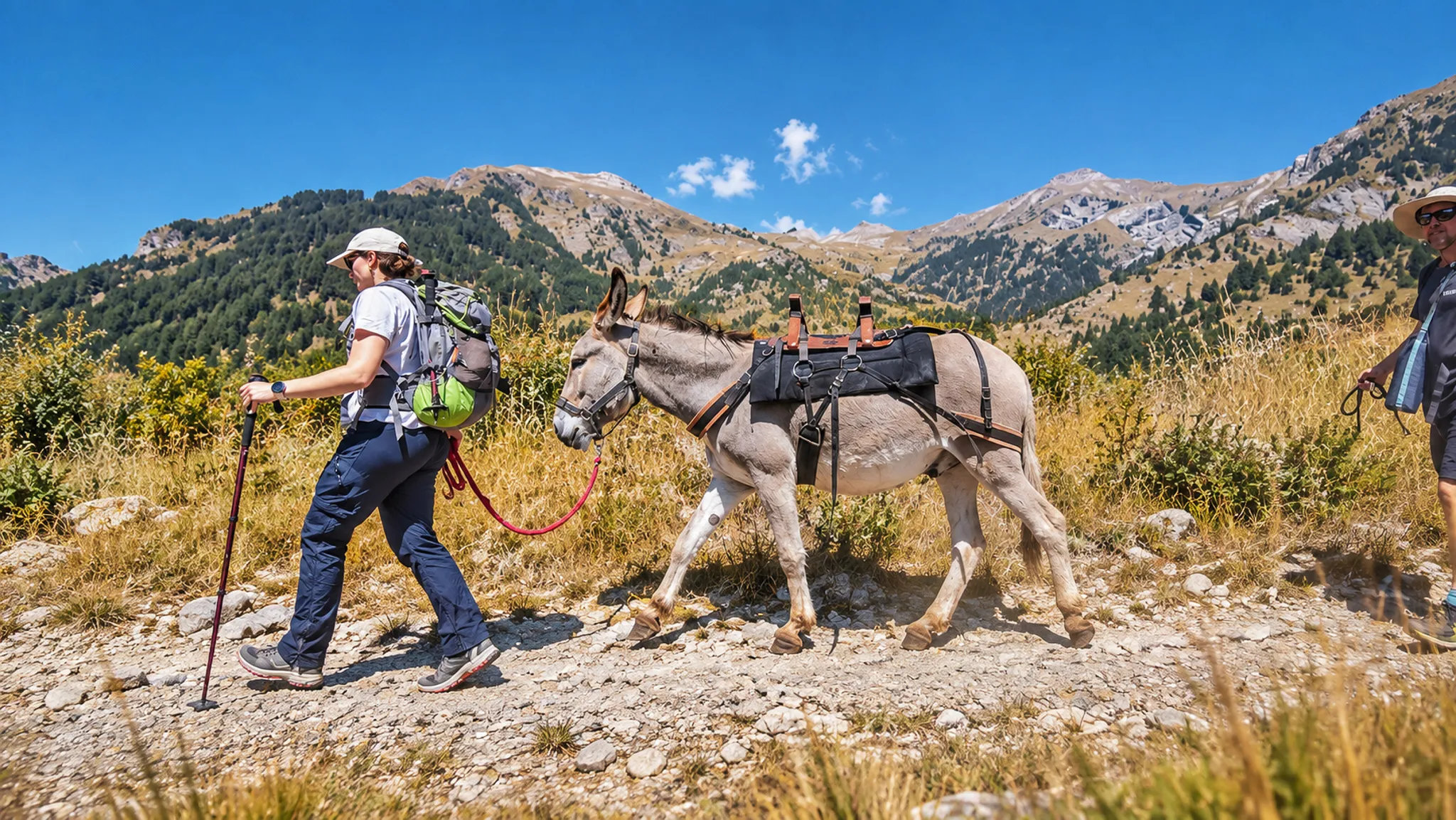 Randonnée pittoresque avec un âne dans les montagnes ensoleillées des Écrins. Aventure nature et sérénité.