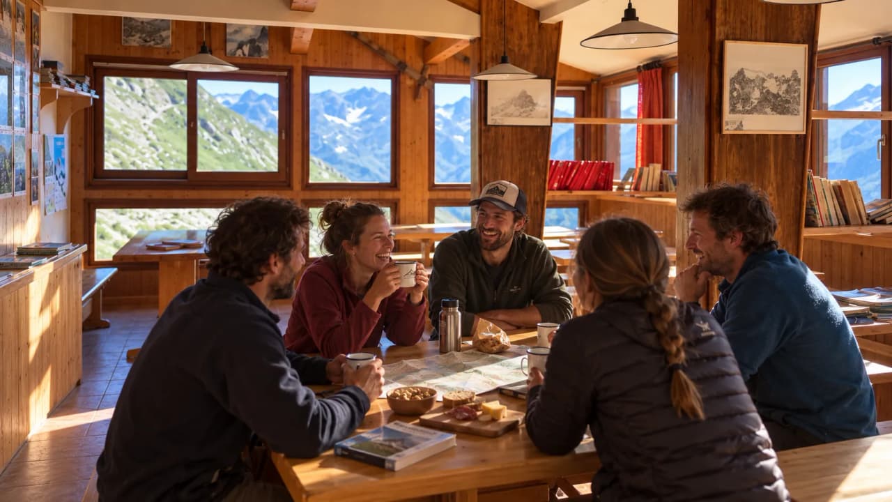 A group of friends enjoying a cosy moment in a mountain hut, with a panoramic view of the Alps.