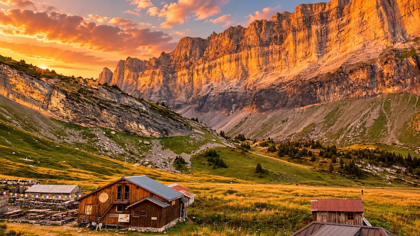 A wooden cabin bathed in the golden light of the sunset, surrounded by majestic mountains.
