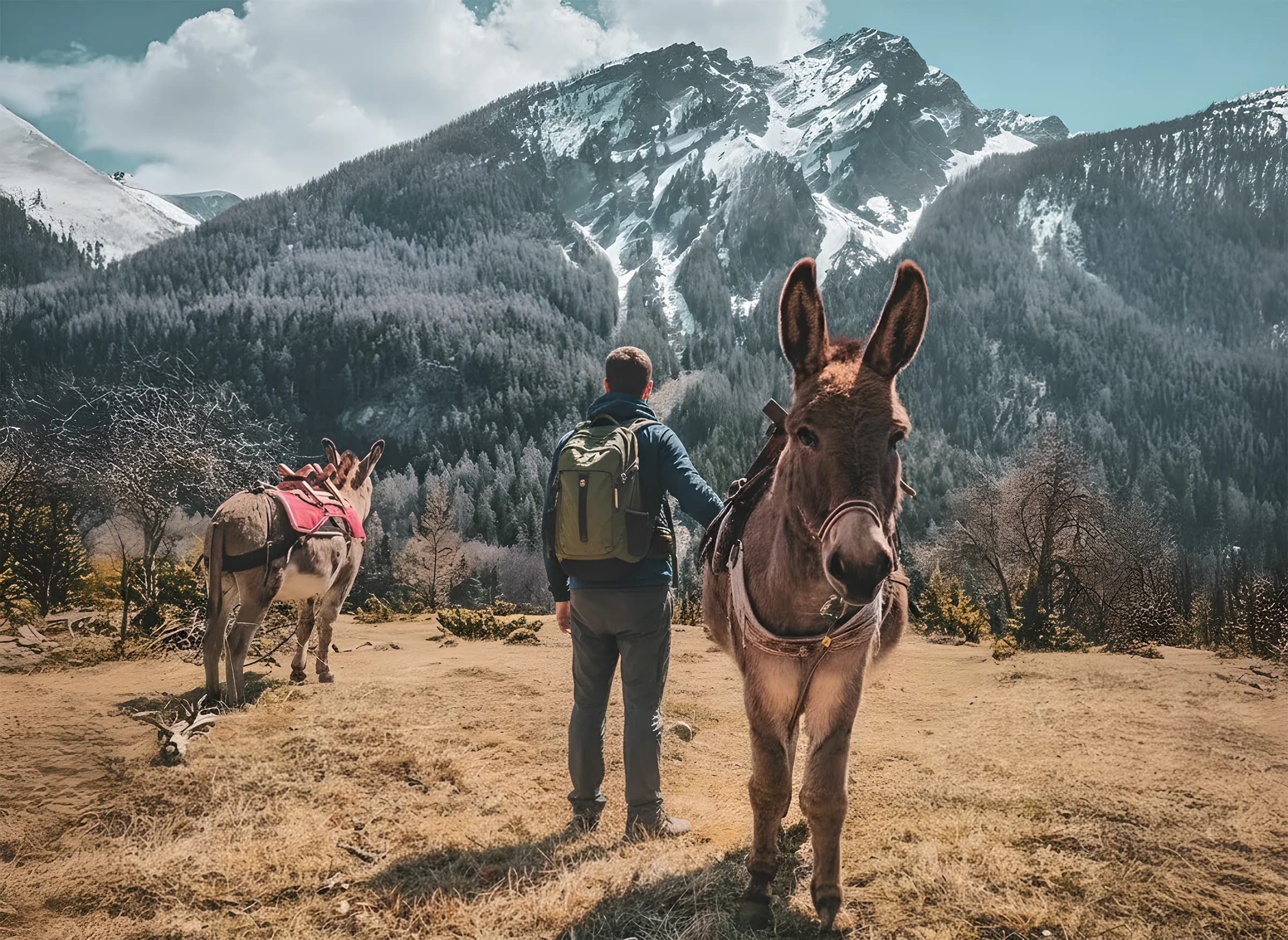 Hiking with donkeys in front of majestic mountains, an enchanting Alpine landscape.