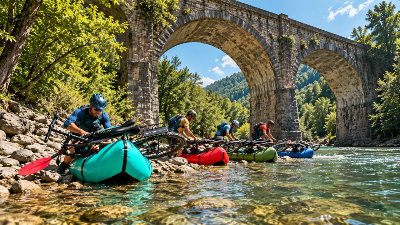 A summer packrafting expedition in the heart of the Slovenian Alps, beneath a majestic bridge.