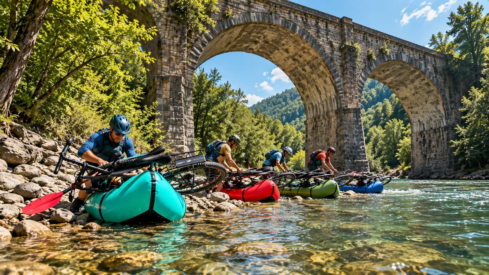 Exploration estivale en packraft au cœur des Alpes slovènes, sous un pont majestueux.