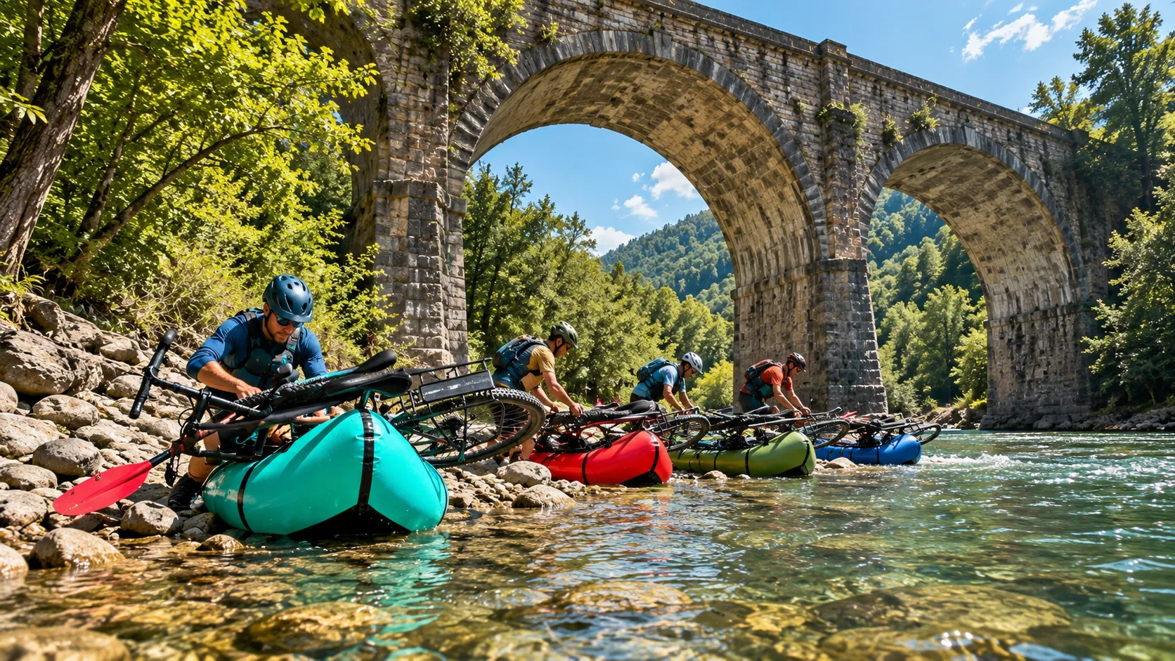Exploration estivale en packraft au cœur des Alpes slovènes, sous un pont majestueux.