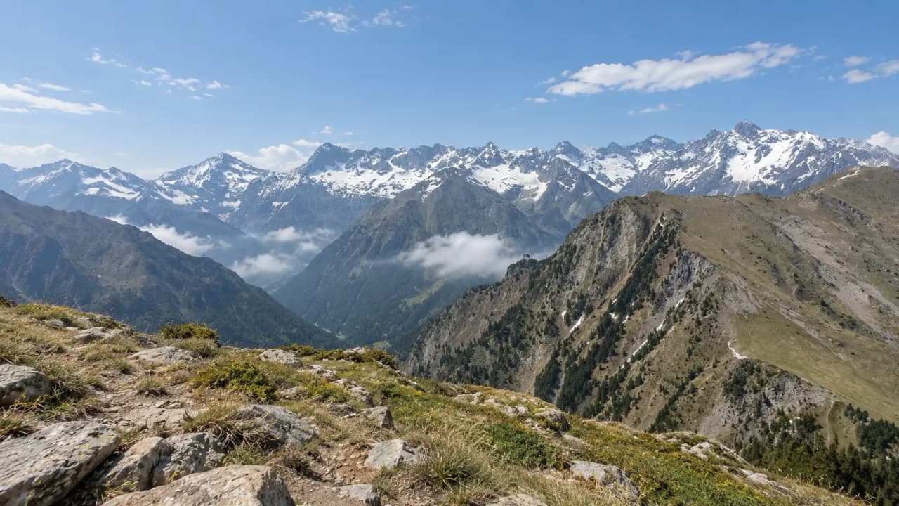 Panorama captivant des montagnes des Écrins, avec sommets enneigés et vallées verdoyantes.