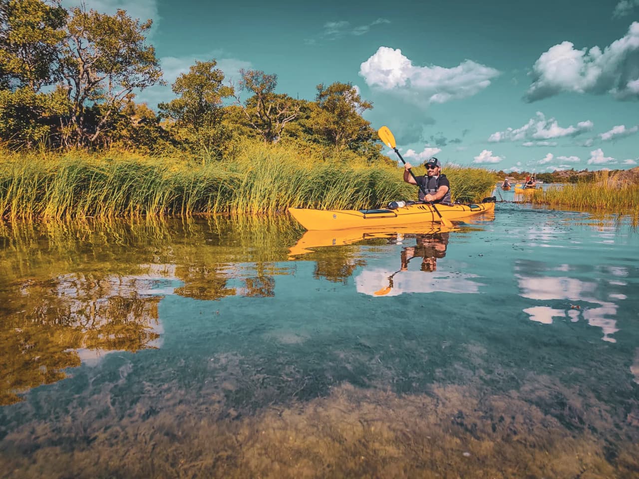 Kayak on crystal-clear waters, surrounded by greenery, ideal for a nature adventure.