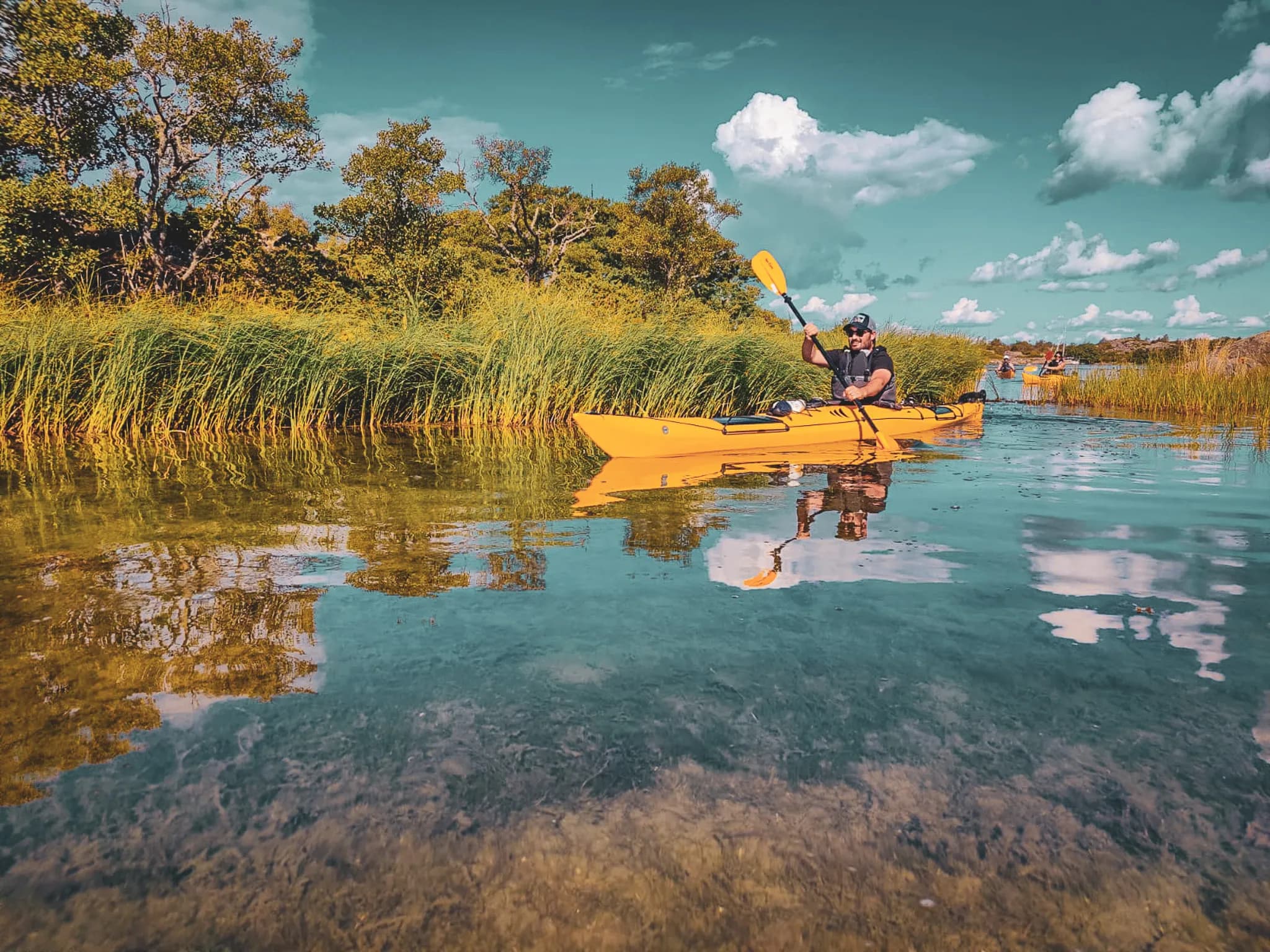 Kayak on crystal-clear waters, surrounded by greenery, ideal for a nature adventure.