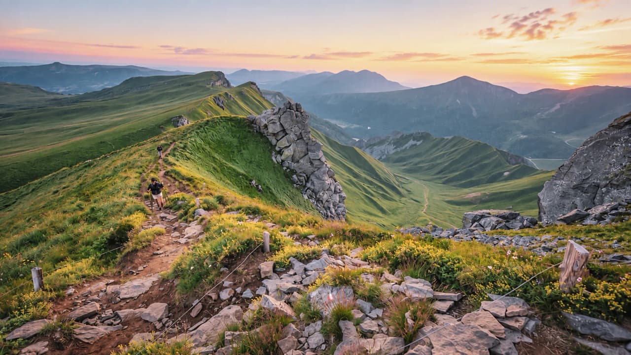 Paysage majestueux du Massif Central, randonnée sur des sentiers verdoyants au coucher du soleil.
