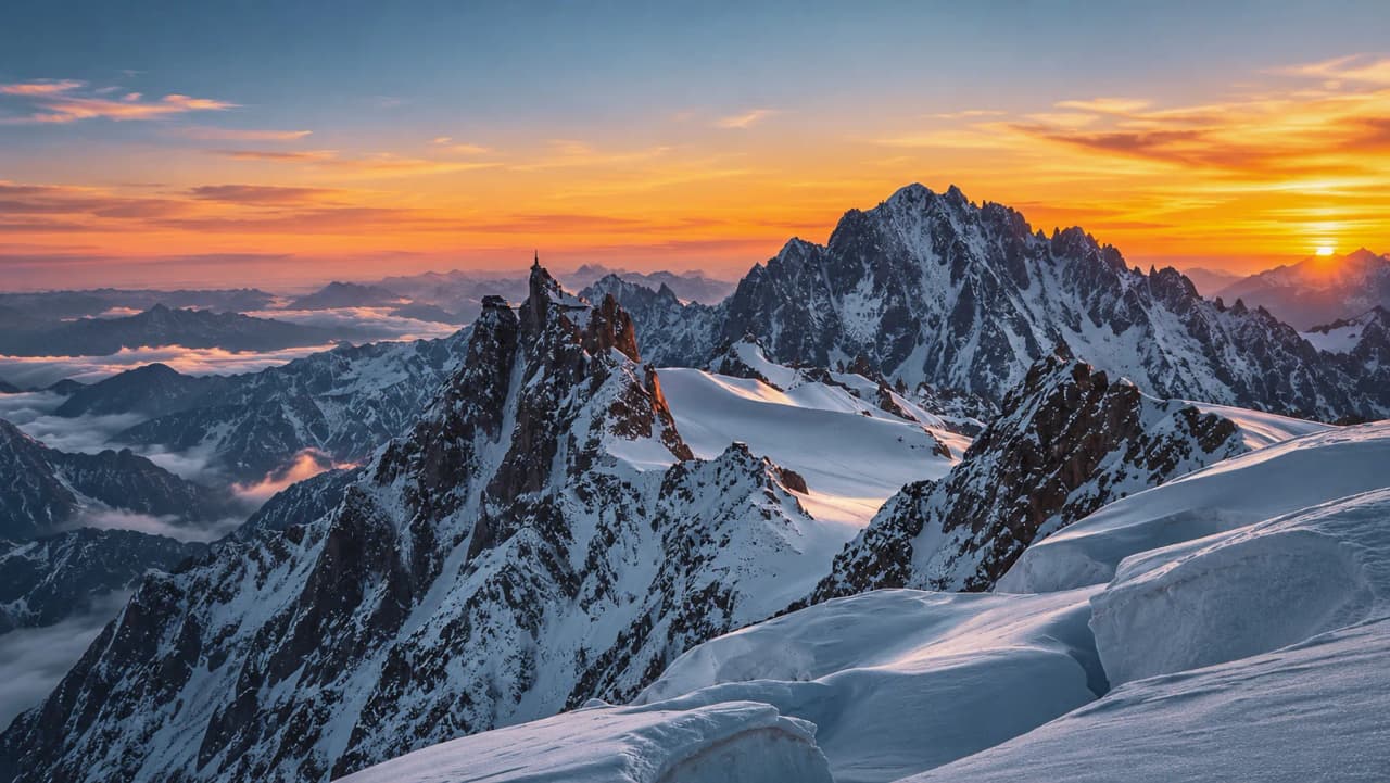 Spectaculaire lever de soleil sur les sommets enneigés du Mont Blanc, un véritable paradis alpin.