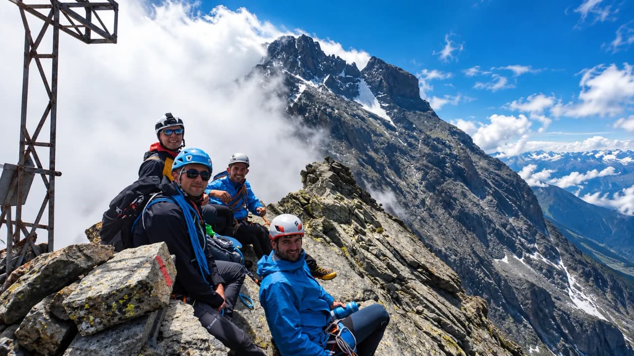 Four smiling mountaineers at the summit, surrounded by majestic mountains and clouds.