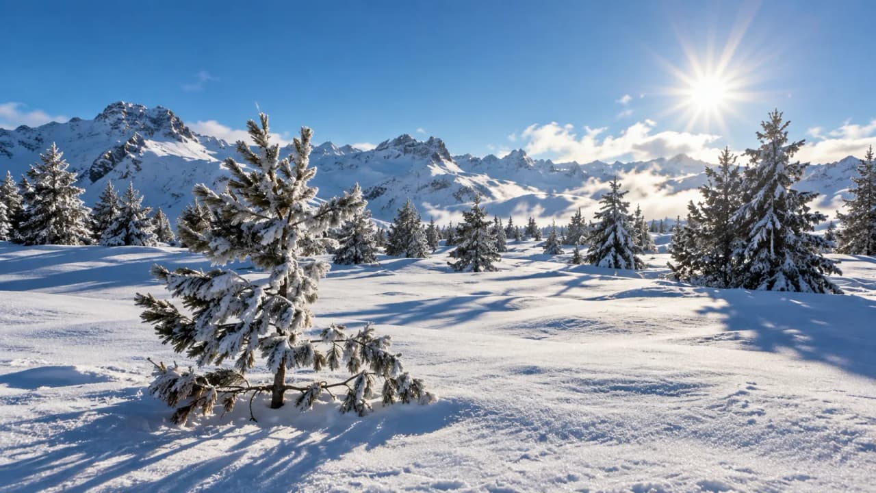 A snow-covered landscape in the Beaufortain, bathed in sunshine, inviting you to set off on a ski touring adventure.