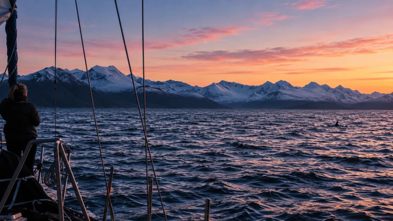 Un paysage féerique des Lofoten, avec montagnes enneigées et coucher de soleil sur l'eau calme.