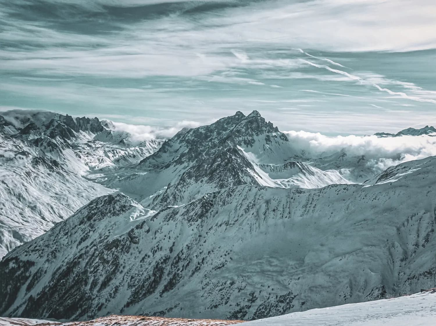 A panoramic view of the snow-capped mountains, a magnificent landscape between France and Italy.