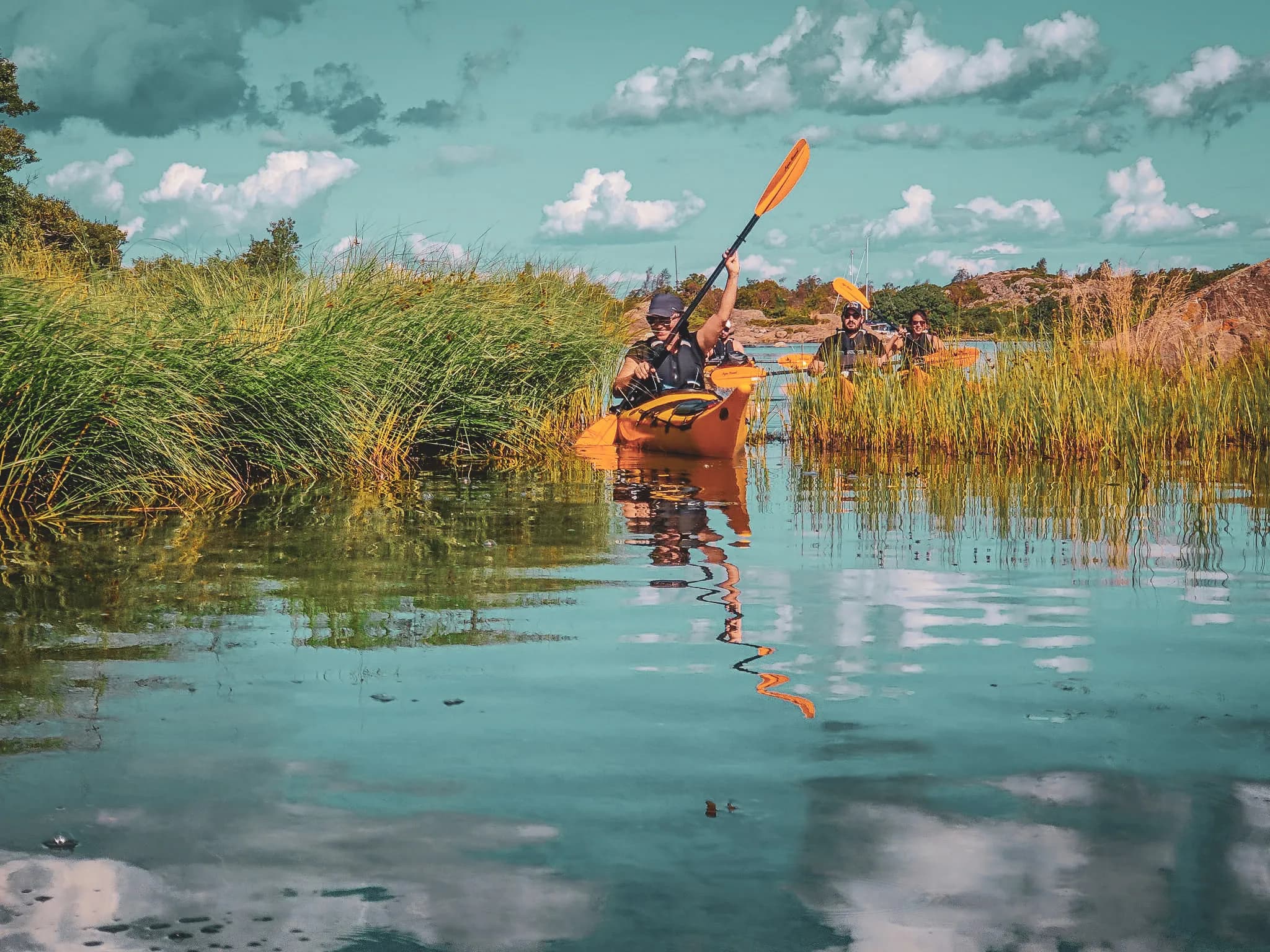 Kayakers paddled peacefully in the Stockholm archipelago, surrounded by lush green countryside.