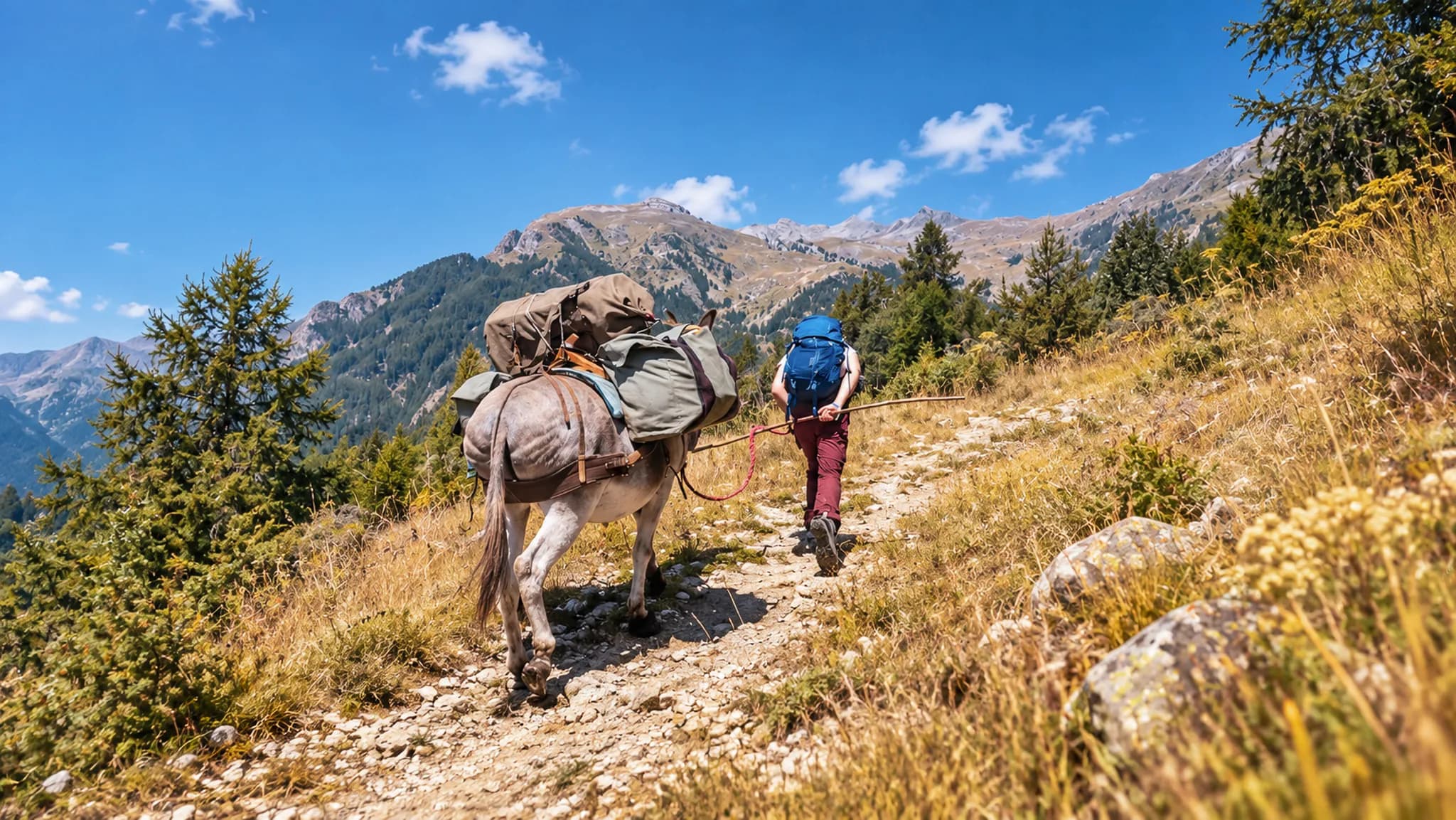 Randonnée en montagne avec un âne, paysages alpins à couper le souffle sous un ciel bleu.