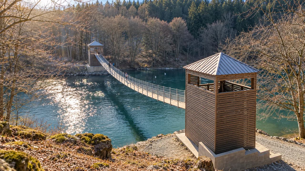 Pont suspendu pittoresque sur la Semois, entouré de forêts verdoyantes et de paysages apaisants.