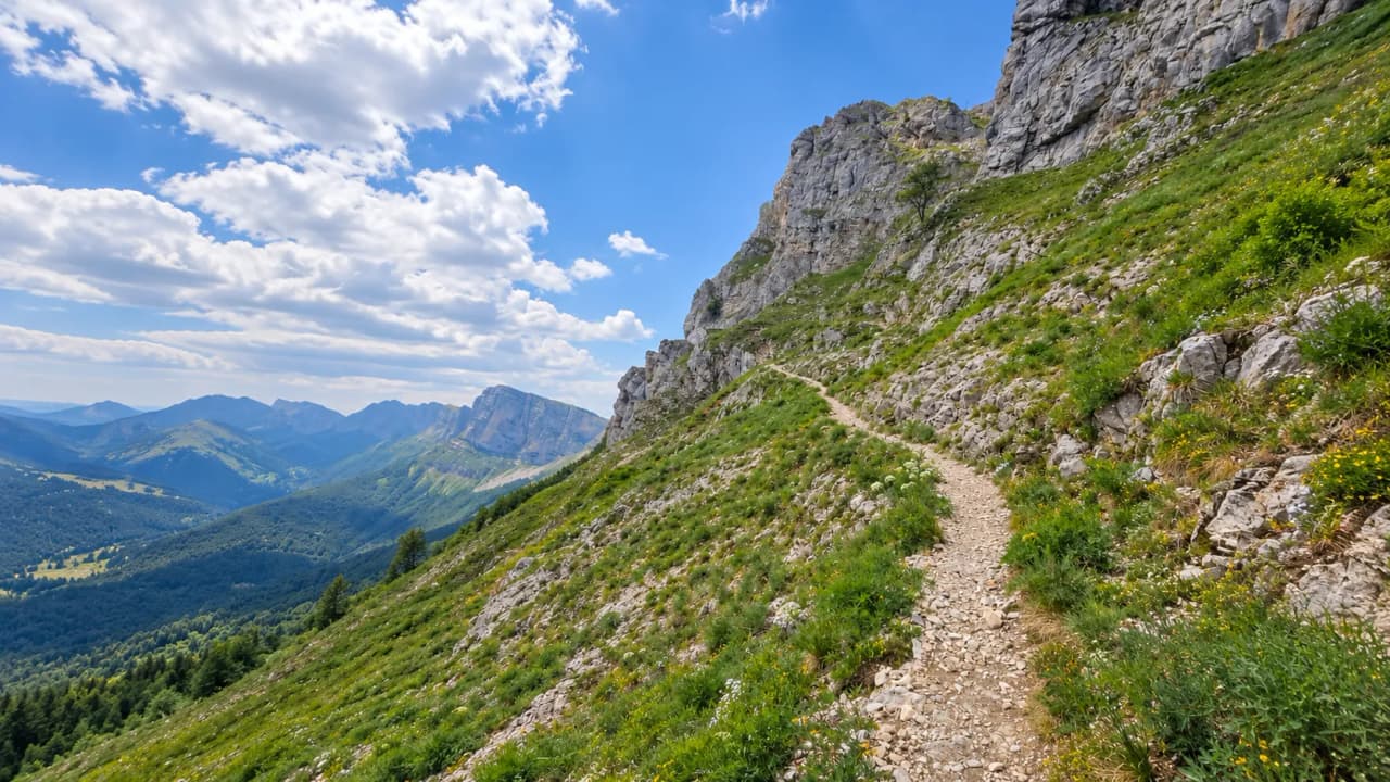 A winding path in the heart of the Vercors, surrounded by stunning mountain views.