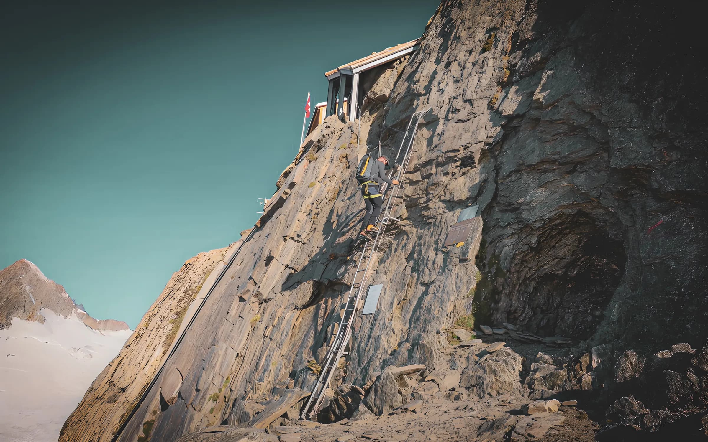 A hiker climbs a ladder on a cliff, with a spectacular view of the Alps and the glacier.