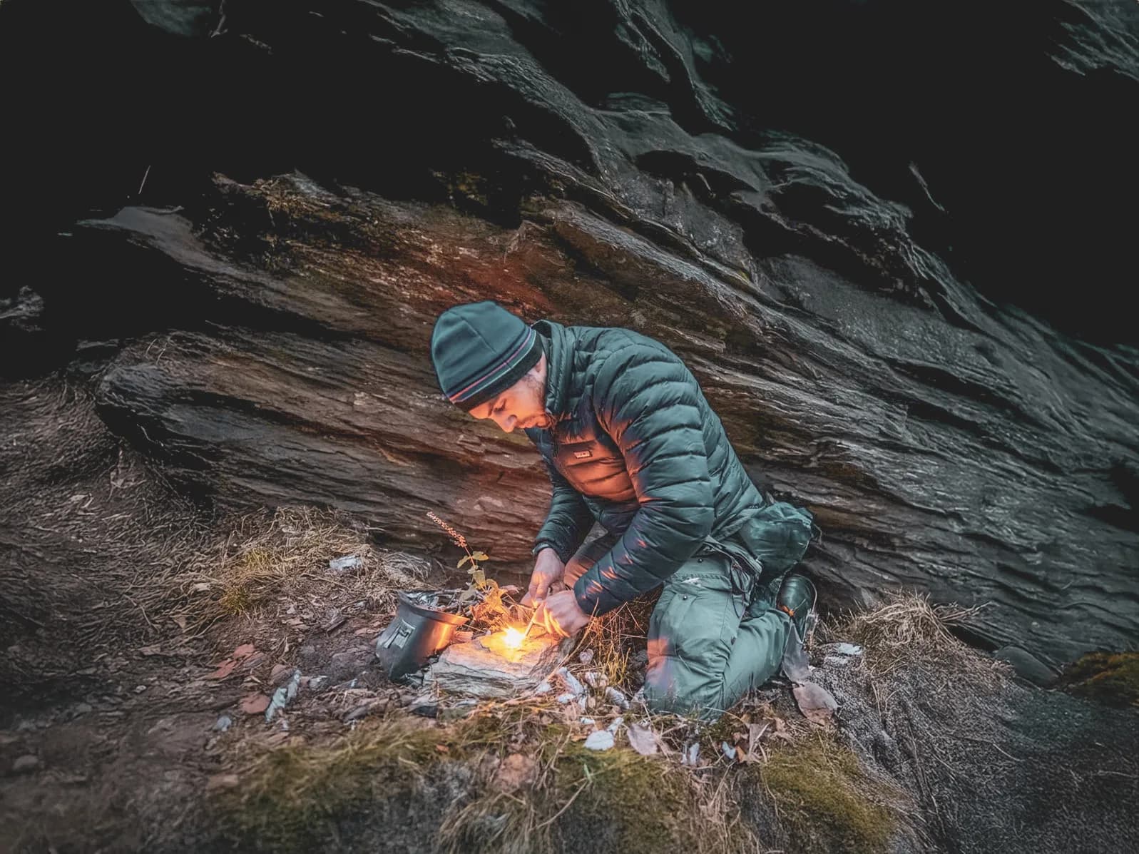 Hikers lighting a fire in the Vercors