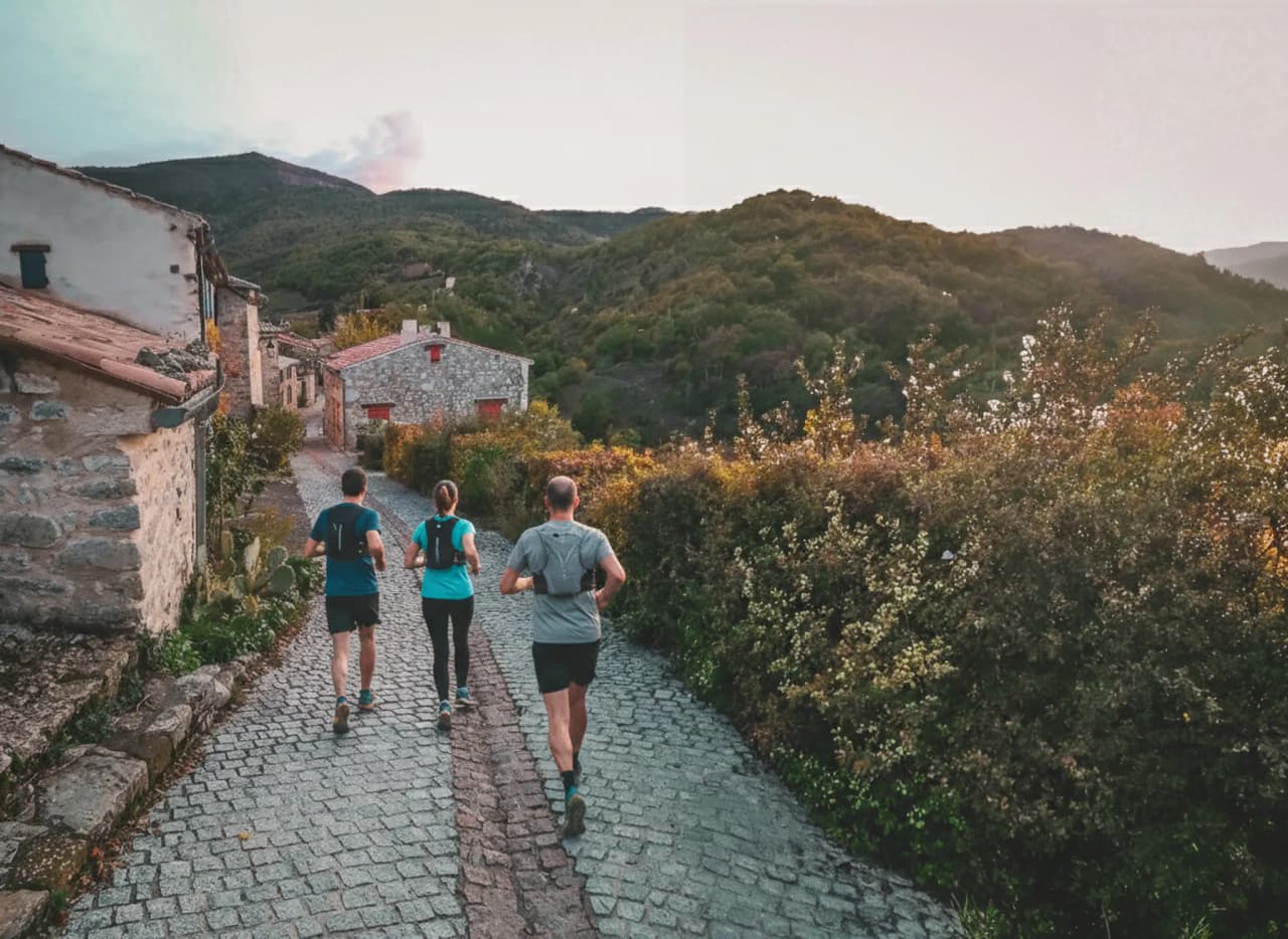 Trois coureurs sur un chemin en pierre, entouré de collines verdoyantes au Ventoux.