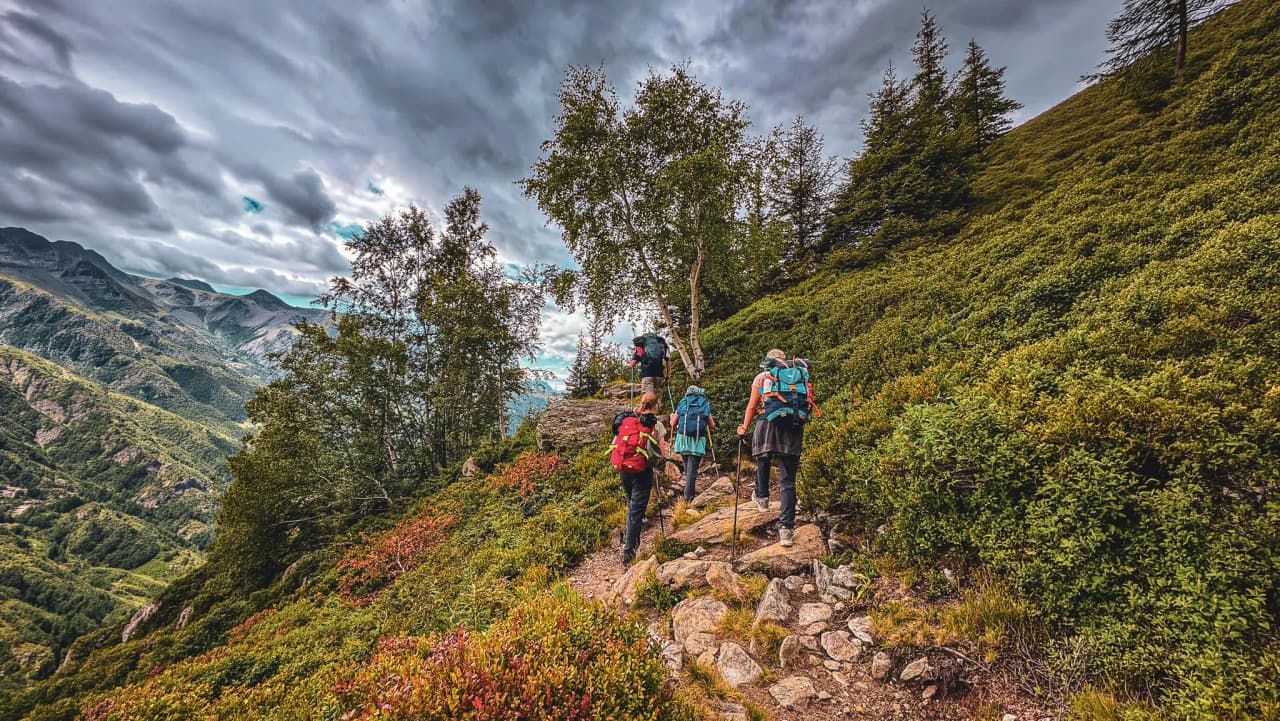 Hikers make their way along a green path, surrounded by majestic scenery.