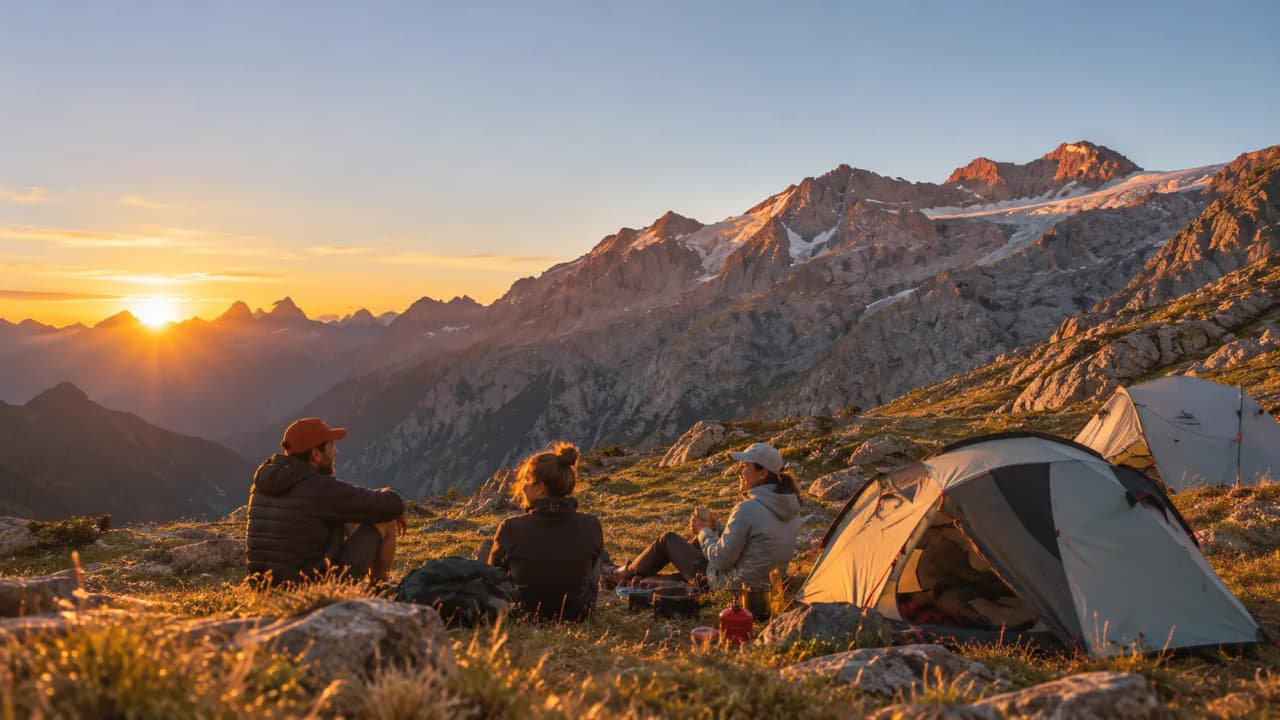 Coucher de soleil sur les montagnes, camping au cœur de la nature, moments conviviaux et paisibles.