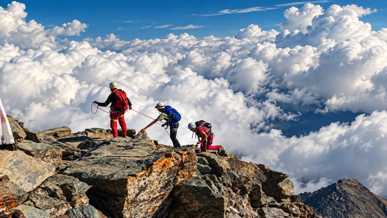 Climb to the summit, surrounded by majestic clouds – your alpine adventure awaits.
