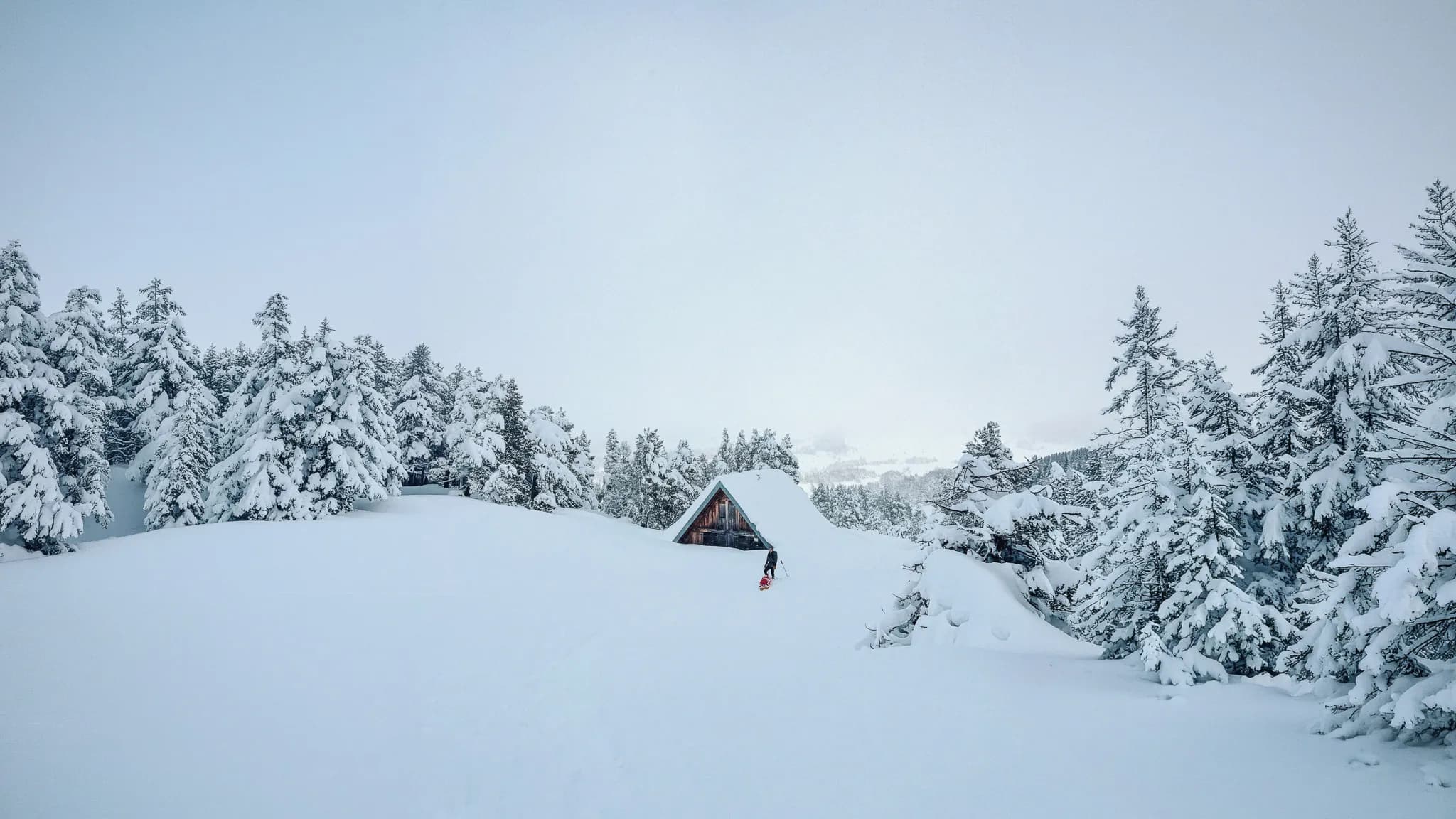Un paysage enchanteur enneigé, avec une cabane sous les arbres, invitant à l'aventure en Vercors.