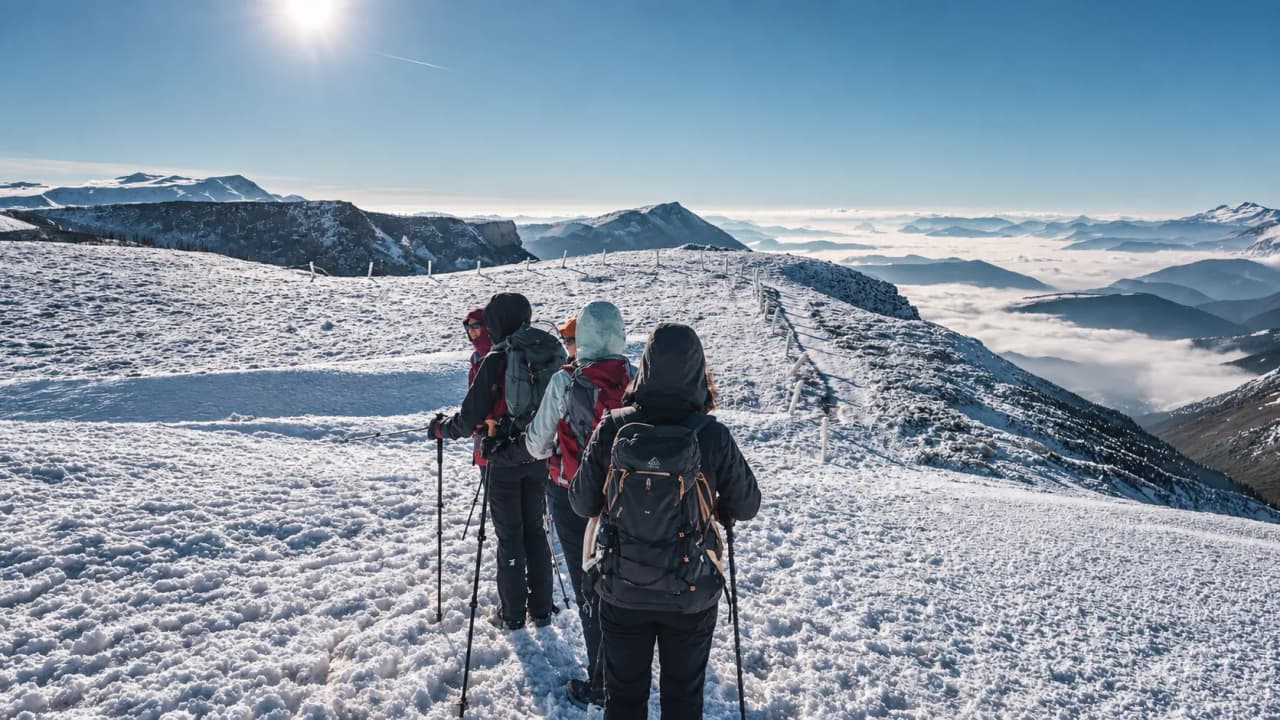A group of snowshoe hikers on a snow-covered plateau, beneath a brilliant blue sky.