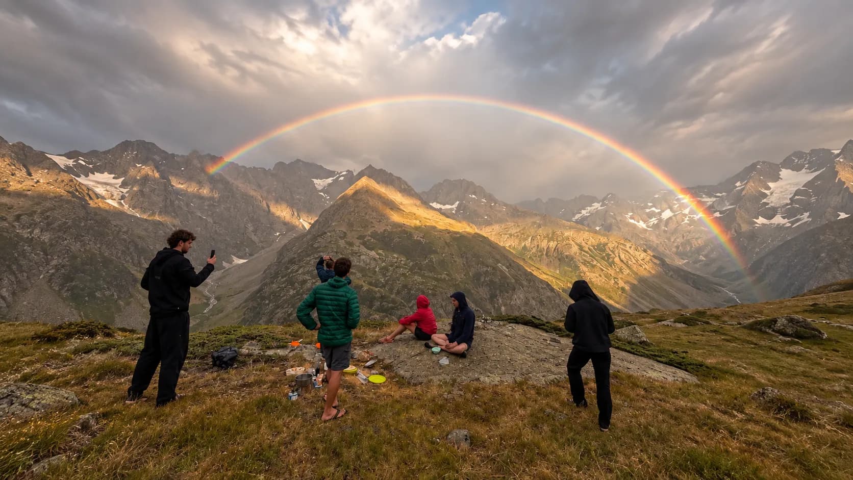 Un groupe en pleine nature admire un arc-en-ciel surplombant les montagnes majestueuses des Écrins.