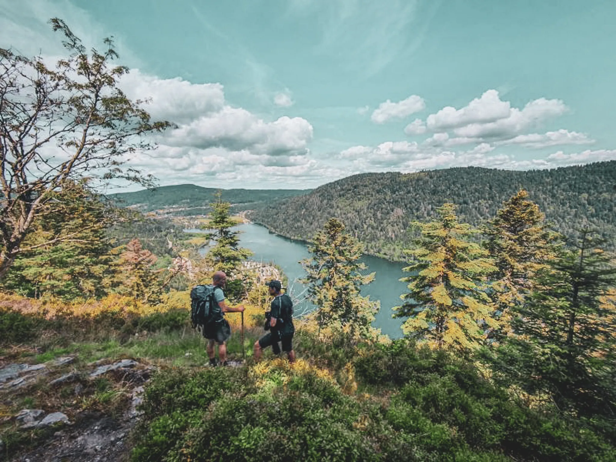 A hike in the Vosges with a splendid view of a lake surrounded by lush green forests.