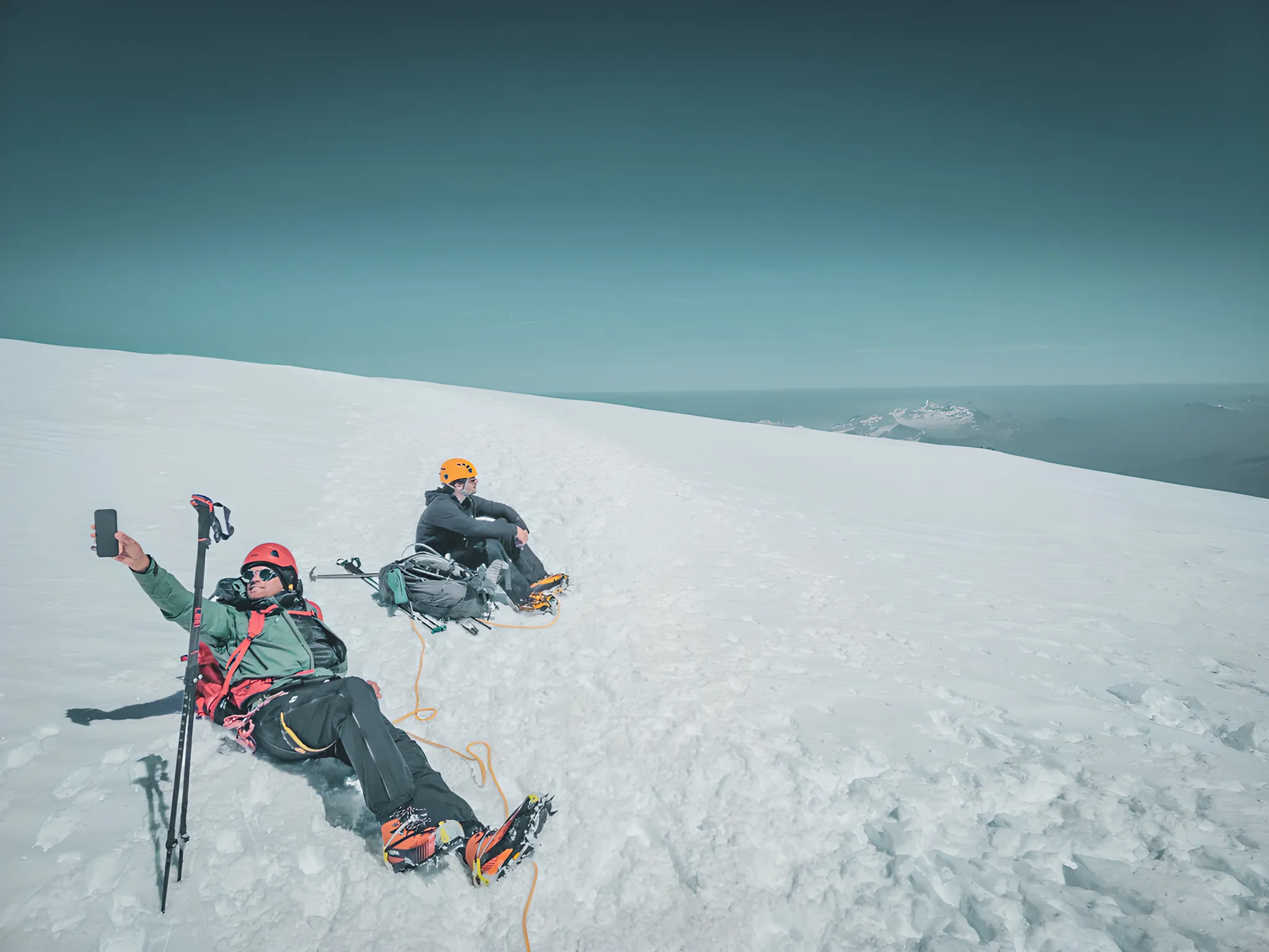 Deux aventuriers se reposent sur la neige au Mont Blanc, profitant d'un panorama alpin époustouflant.