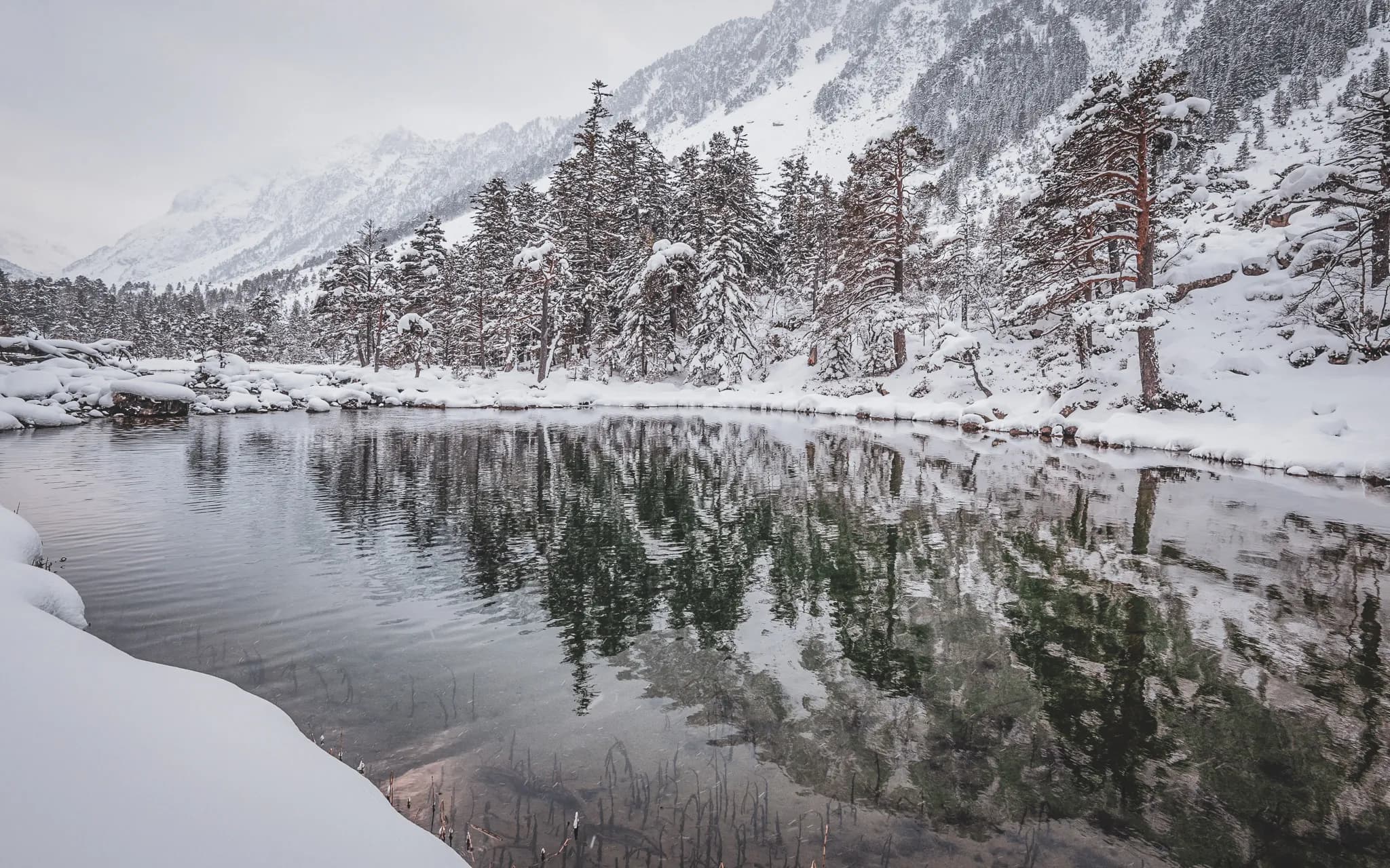 An enchanting landscape in the Pyrenees, a reflection of snow-covered forests on a peaceful lake.