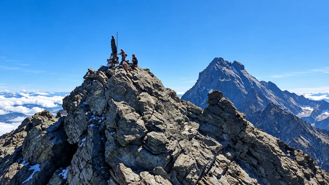 At the summit of Mount Viso, mountaineers admire a breathtaking view of the surrounding peaks.