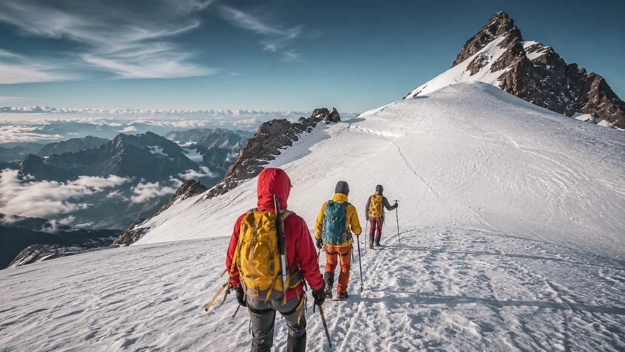 Een groep wandelaars op een gletsjer, met besneeuwde bergtoppen op de achtergrond, in een alpiene sfeer.