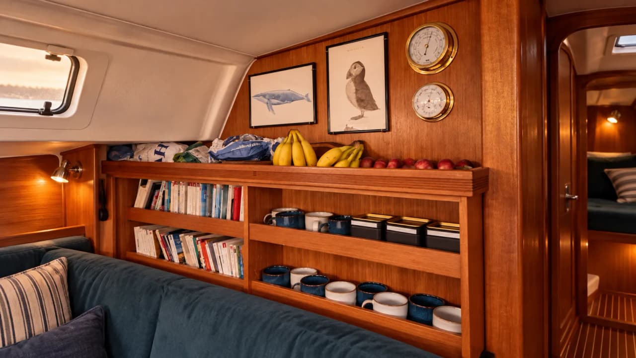 Intérieur chaleureux d'un voilier, livres et fruits, ambiance accueillante pour un voyage en mer.
