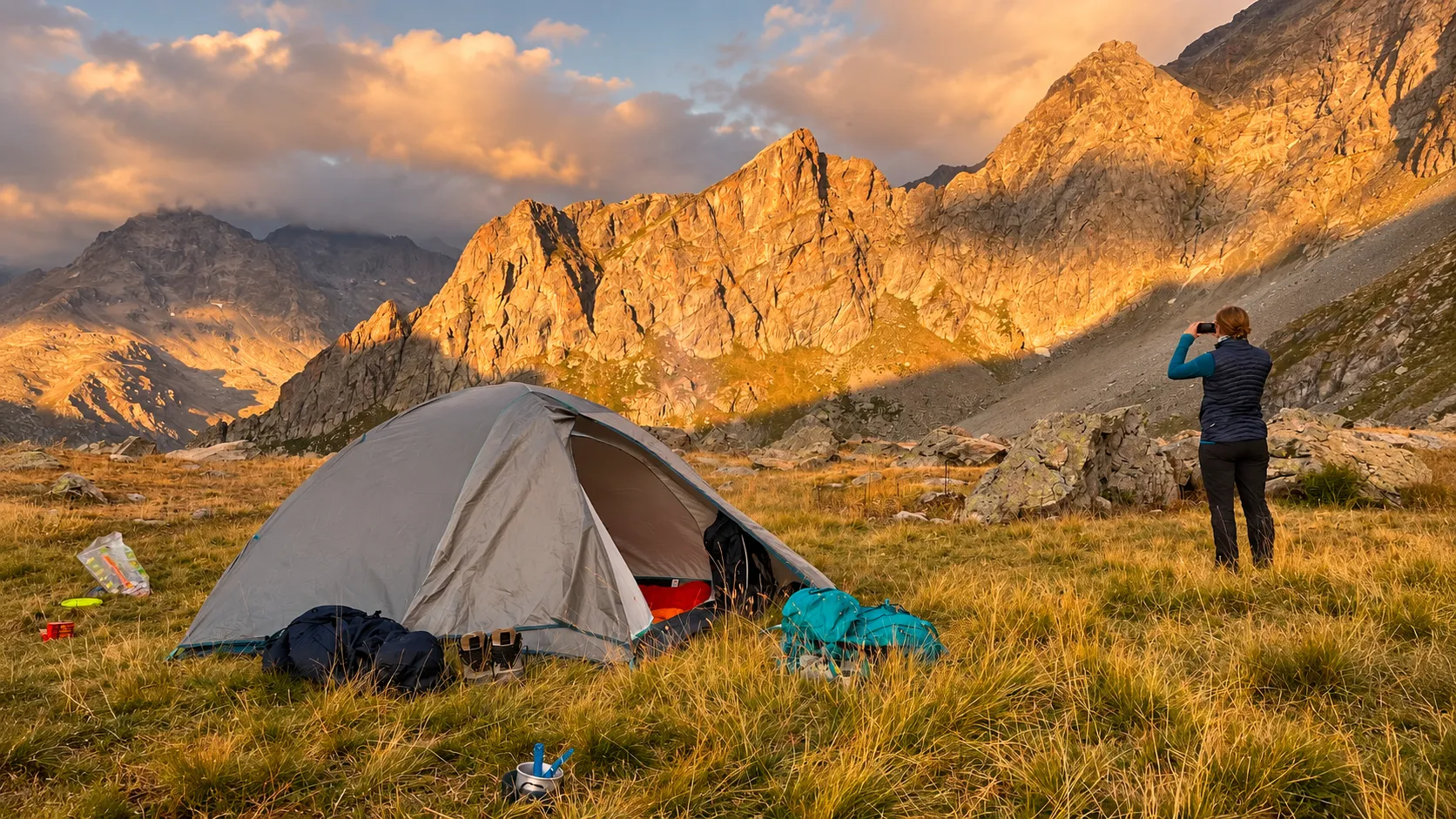 Bivouac serein dans les Écrins, au crépuscule, avec montagnes majestueuses et lumière dorée.
